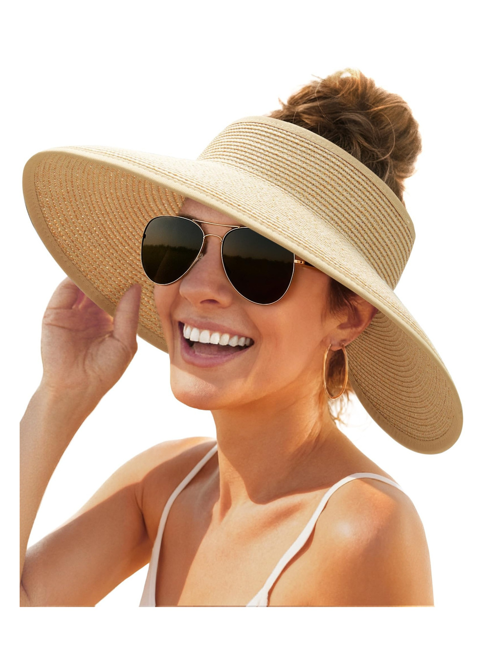 Womens Sun Hat with Ponytail Hole Wide Brim Beach | Beige Khaki Mix | Size M